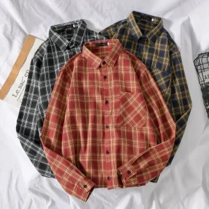 Korean Style Oversized Plaid Shirt Women Tops Turn-Down Collar Loose Long Sleeve Casual Shirts 2020 Fashion Many Colour