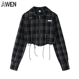 Awen Short Zipper Plaid Shirt for Women Fashion Corset Lacing Long Sleeves Tumdown Collar Korean Lattice Blouse Streetwear Top