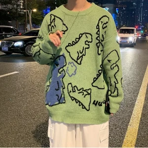 O-Neck Long Sleeve Women's Oversize Sweater Solid Dinosaur Printed Y2k Knitted Sweater Loose Casual Oversized Knitted Pullover