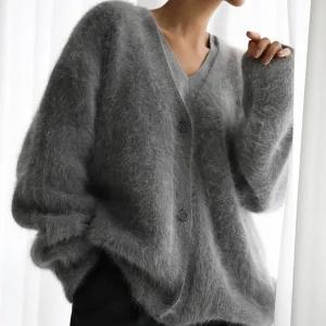 Women's Autumn Winter Women's Plush Knitted Sweater Cardigan European and American Lazy Loose Long-sleeved V-neck Sweater Jacket